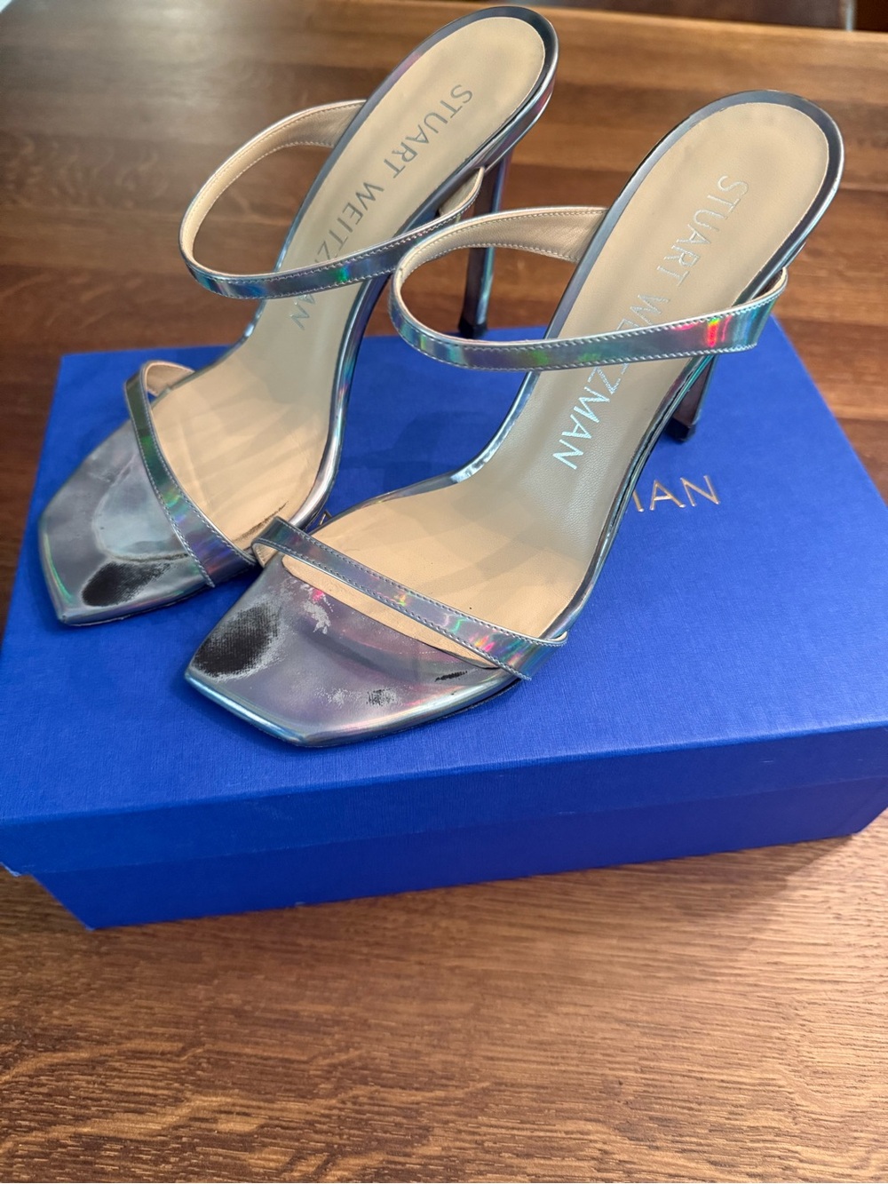 Stuart Weitzman Iridescent Strappy High Heel Sandals - Aleena 100- Gunmetal-8.5